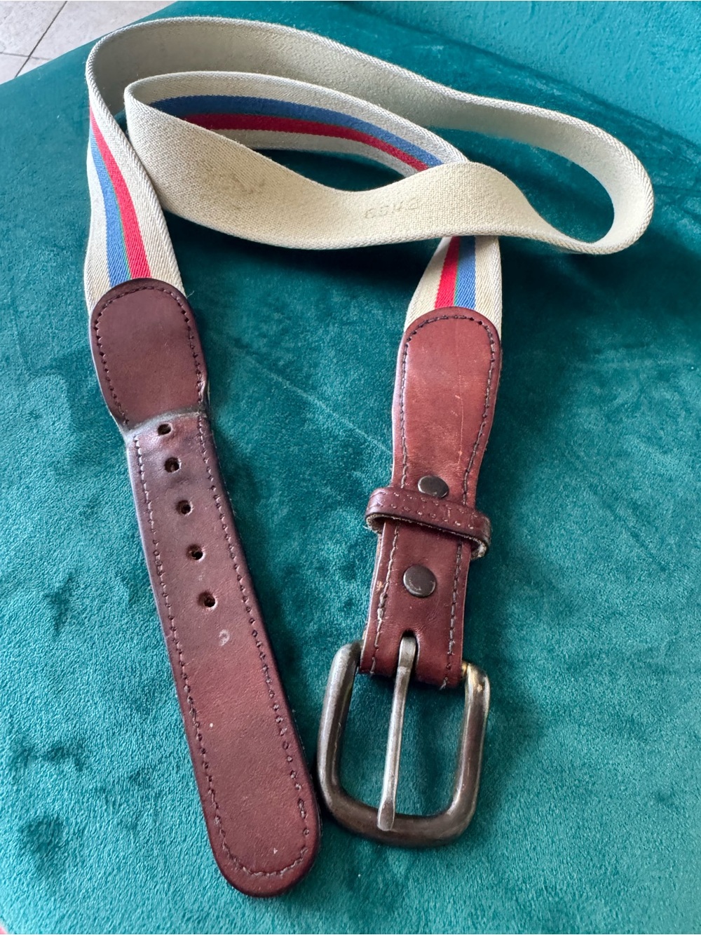 BRASS Plated Striped Webbed Belt Brown Leather Trim Size 38